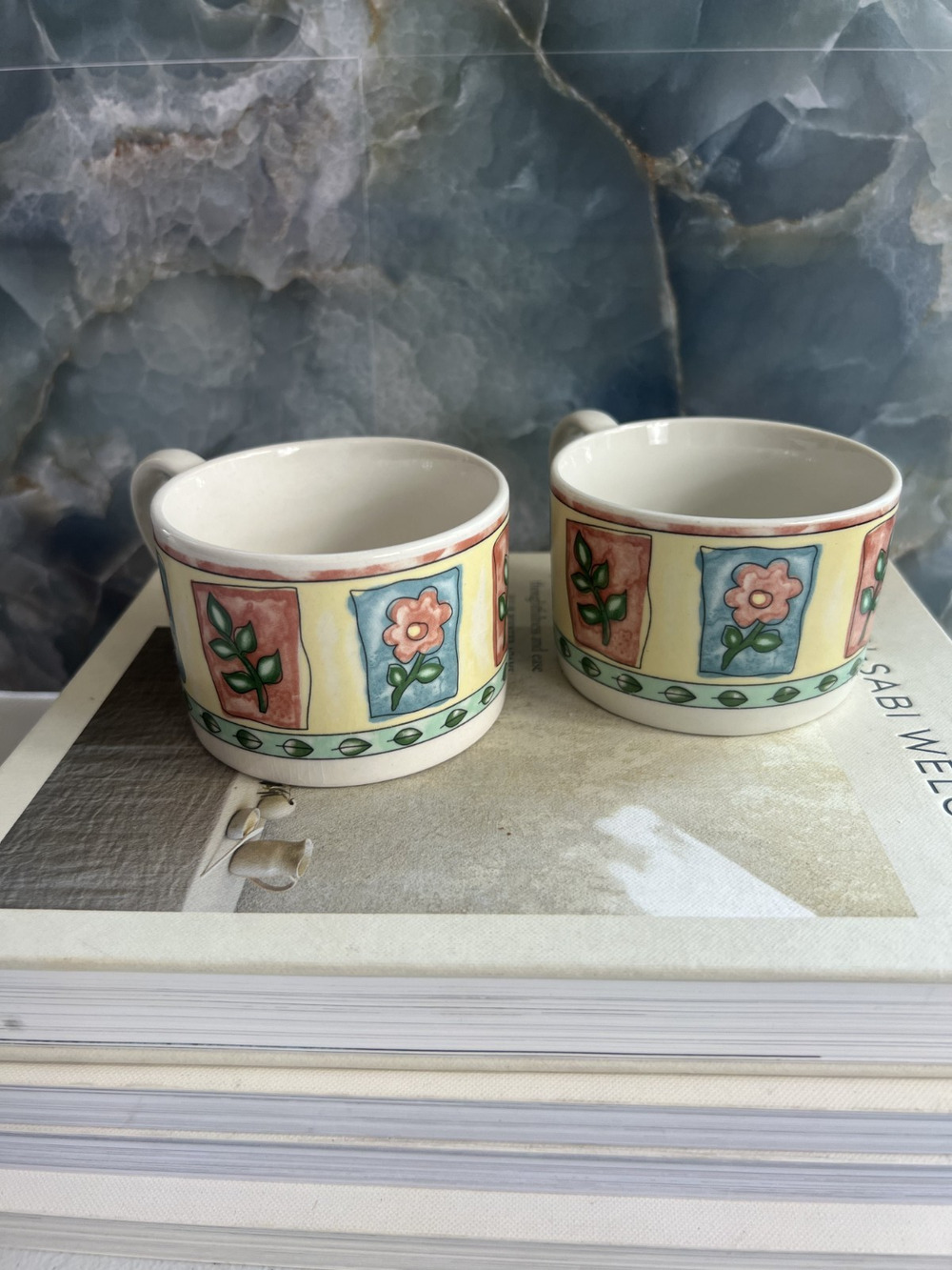 Farberware Mugs Window Box Floral Coffee Cup Tea Stoneware 2.5" Set of 2